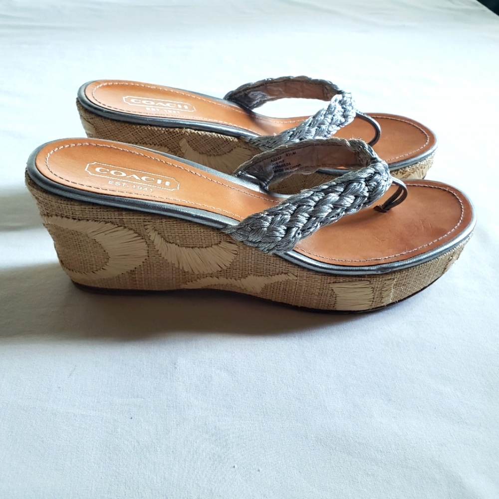 Coach Averie Silver Braid Thong Wedge Sandals